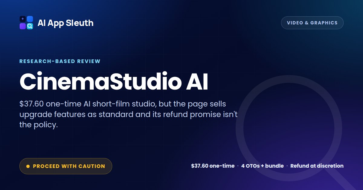 AI App Sleuth review card for CinemaStudio AI, rated Proceed With Caution